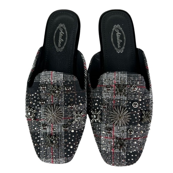 ATALINA Embellished Plaid Tweed Rhinestone Mules - Picture 3 of 7